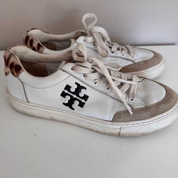 Tory Burch White Leather Andrea Color Block Logo Court Sneakers Womens Size 8 - Picture 10 of 10